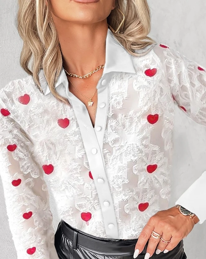 

Top for Women Heart Print Fluffy Patchwork Button Shirts 2024 Spring/summer Latest Turn Down Collar Long Sleeves Daily Blouses