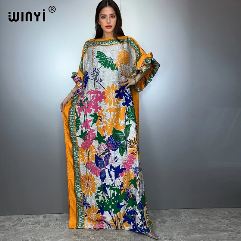 WINYI summer boho evening dress dubai luxury Female loose Print kaftan muslim woman clothing holiday beach dress fashion Caftan