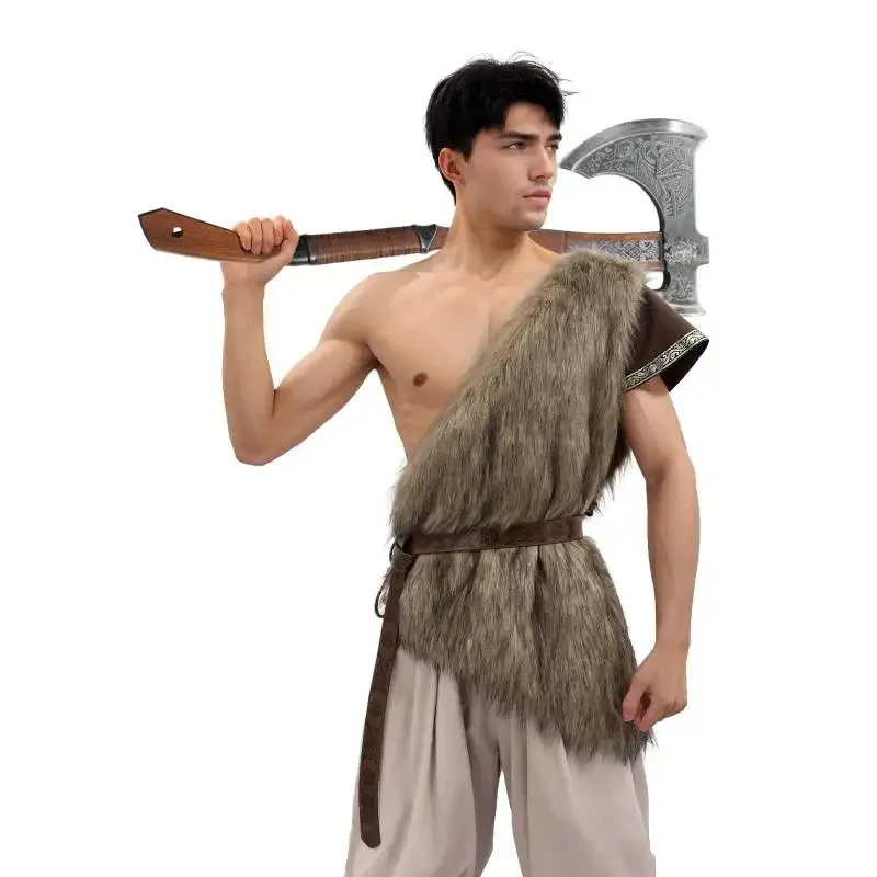 WENAM Chaleco medieval de piel sintética, chaleco peludo marrón LARP con cinturón para disfraz de guerreros esquimalos, autenticidad eo] 5