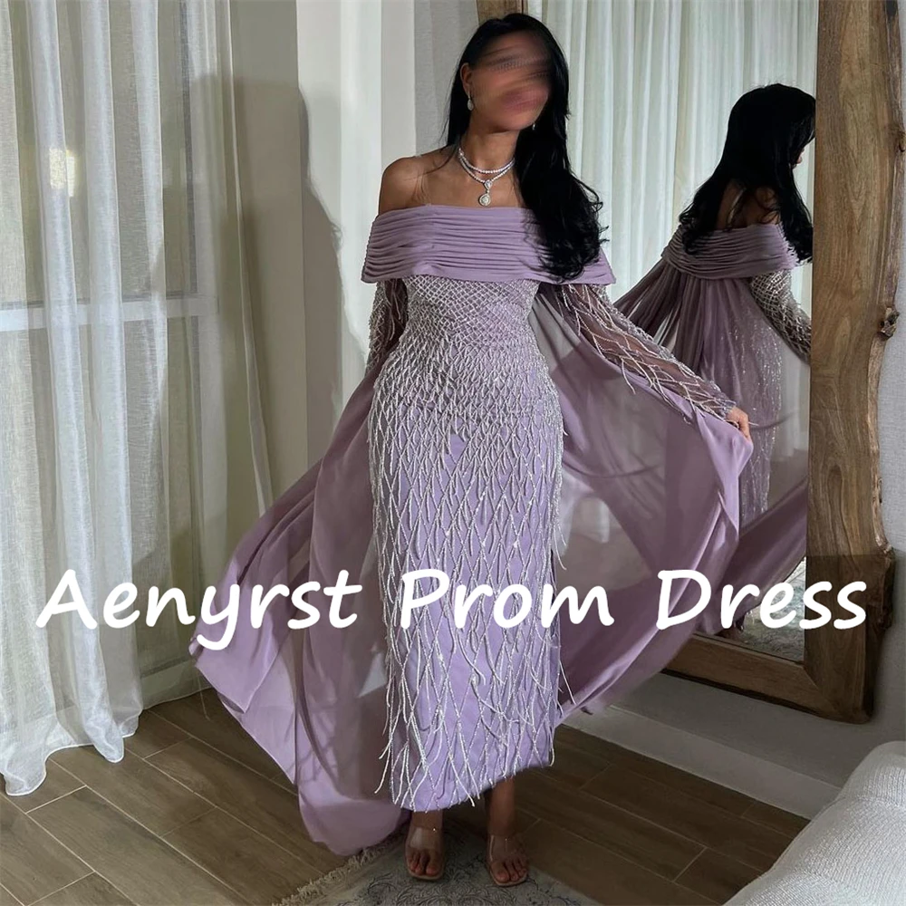 Aenyrst Abito da ballo viola con spalle scoperte e maniche lunghe, abito da sera plissettato in chiffon personalizzato, abito da cerimonia formale alla caviglia