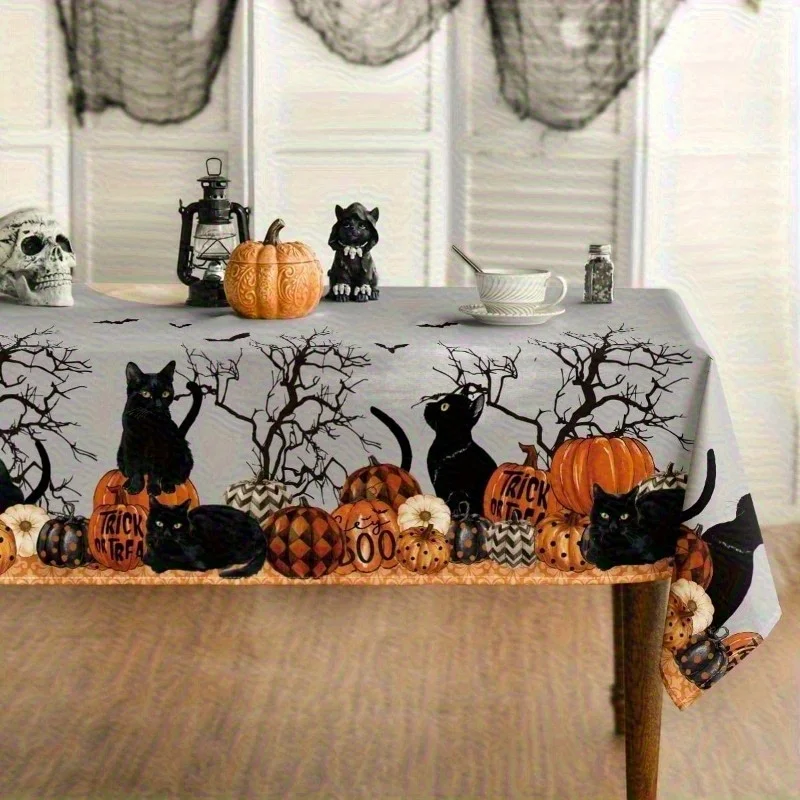 1pc Halloween tablecloth - Buffalo check pattern with pumpkin, moon and cat design - Washable - Suitable for partieszyc