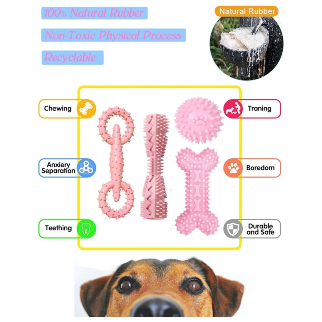 4-piece set of puppy toys, pet dog chewing toys, puppy teeth cleaning toys, food distribution, soft rubber bone fun balls, inter