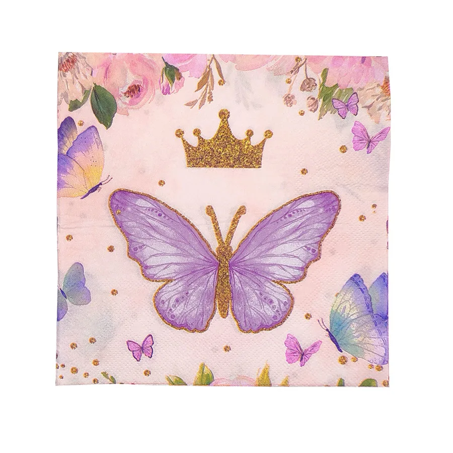 10/20 قطعة 33 سنتيمتر 2 طبقة الأرجواني فراشة الذهب تاج المطبوعة المناديل جو الحفلات الوردي ورقة DIY Decoupage ورقة #6