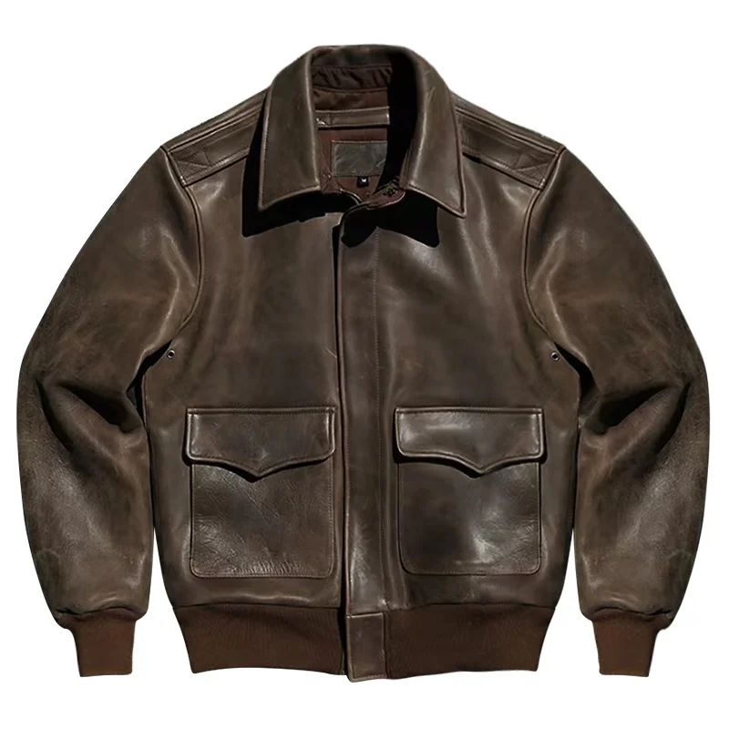 Autumn Retro Light Brown Men's A2 Jacket Plus Size 4XL American Military Style Natural Cowhide Pilot Genuine Leather Coats