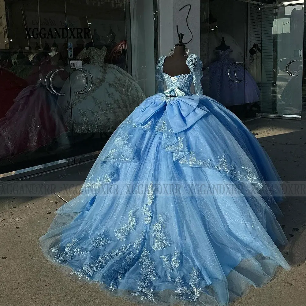 Robes de Quinceanera bleues élégantes 2025 manches longues douce 15 16 robe de fête d'anniversaire chérie dos nu robe mexicaine arc formel