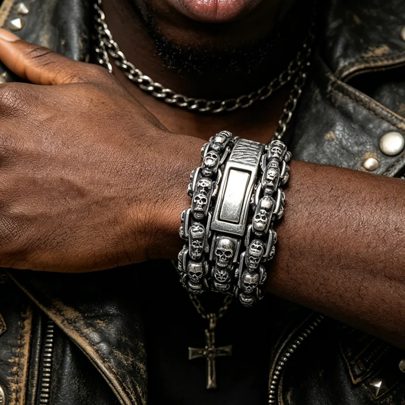 Stainless Steel Skull Chain Bracelet Men Gothic Charm Bracelet With Skull Charm Vintage Magical Jewelry Best Gift For Friend