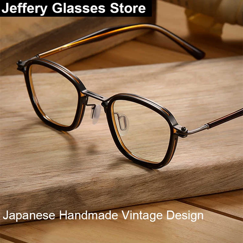 Japanese Handmade Square Glasses Frame Men Fashion Retro Titanium Acetate Eyeglasses Brand Designer Small Face Oculos Spectacles