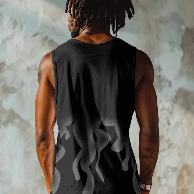 Men's Black Flame Pattern Print Summer Sleeveless Tank Top Smooth Loose Sport Sleeveless Tee Basic Beach Vacation Vest