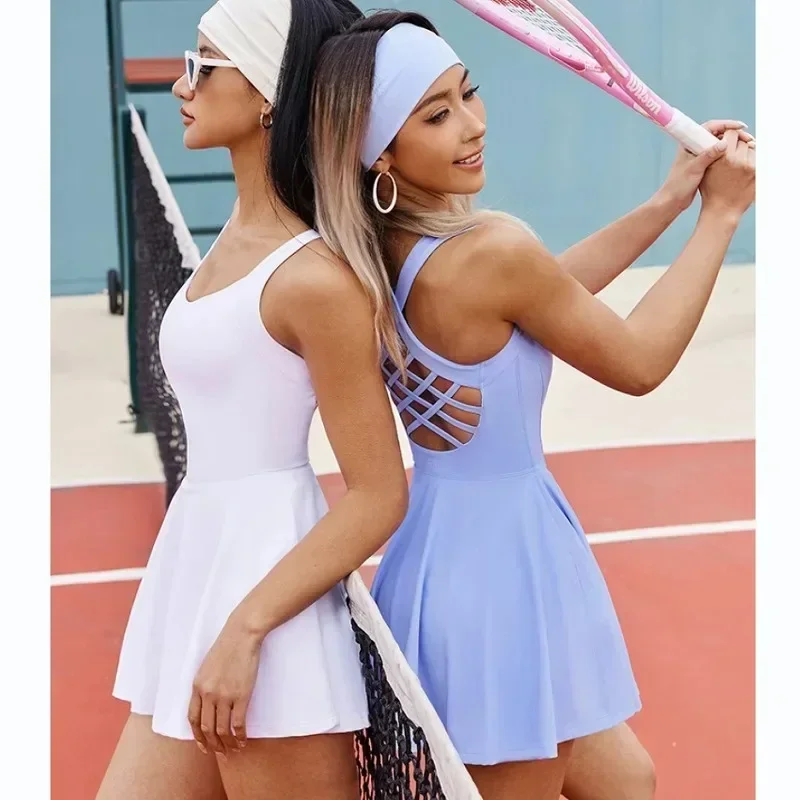 

Women Tennis Dress One-Pieces Slim Fit Soft Sports Sets Golf Badminton Skorts Back Cross Tracksuits With Chest Pads Yoga Suits