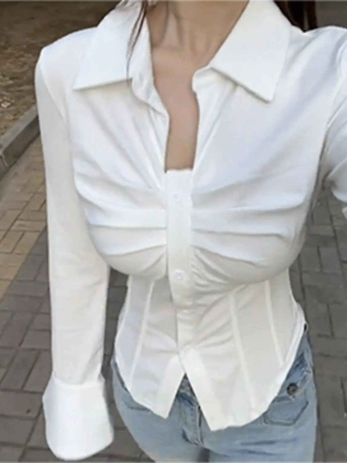 White collar long sleeved shirt for women, autumn and summer French chic shirt, slim fit and slimming, pleated design, niche top