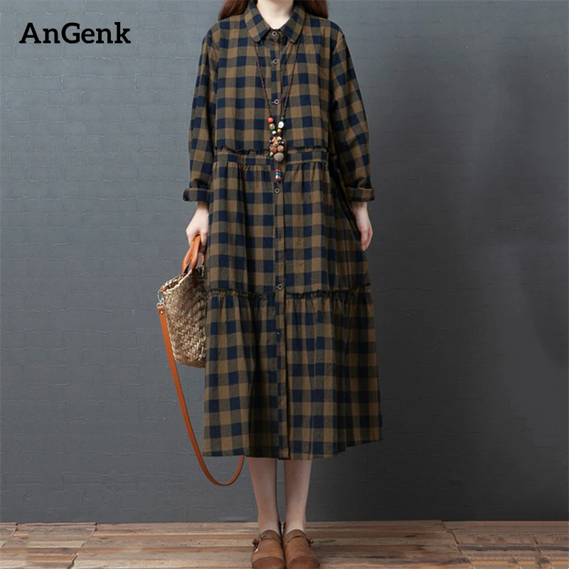 2025 Spring Autumn Cotton Plaid Vintage Dresses For Women Casual Long Korean Style Fashion Elegant Dress Office Lady Clothing