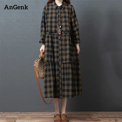 2025 Spring Autumn Cotton Plaid Vintage Dresses For Women Casual Long Korean Style Fashion Elegant Dress Office Lady Clothing