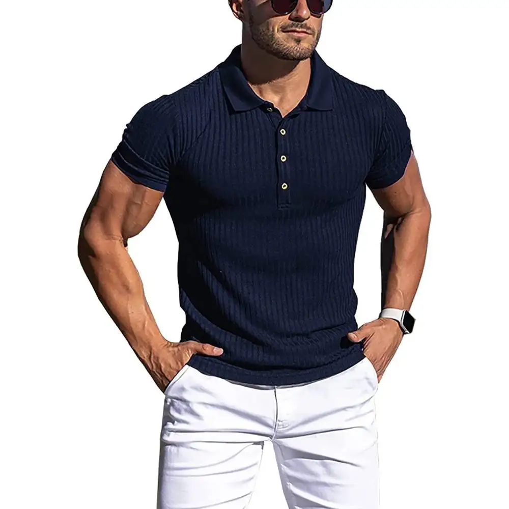 High Stretch Ice Silk Knit Stripe POLO Shirts Mens Slim Short-Sleeve Tops Tee Tshirt Lapel Neck Undershirt