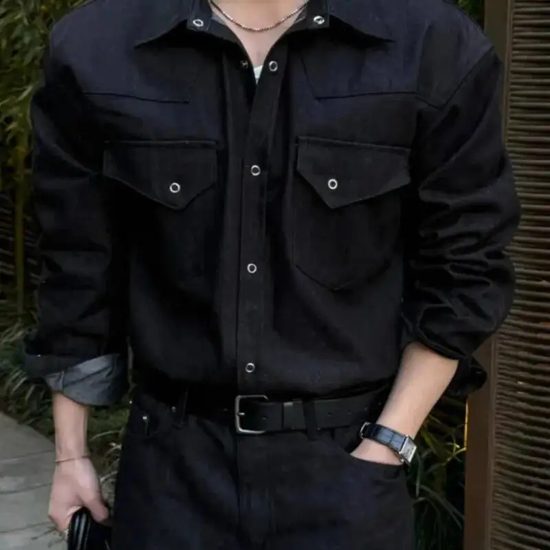 Korean Style Men's Shirts Turn-down Collar Solid Color Casual Long Sleeved Tops Pocket Single Breasted Trendy Shirt 9DSCN