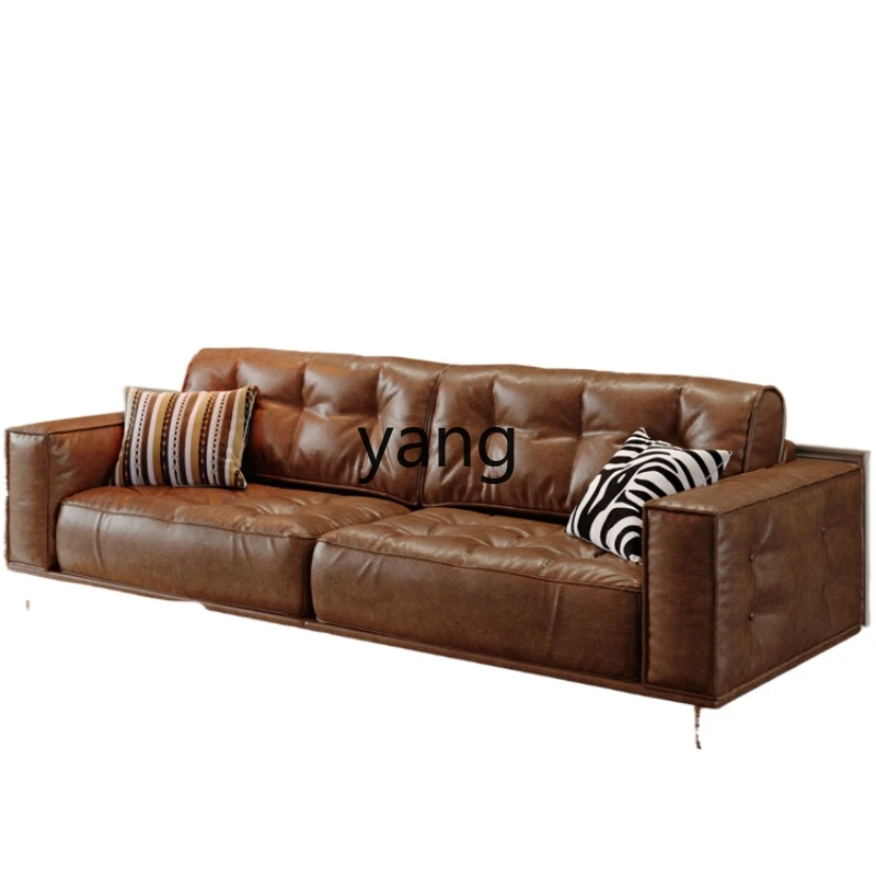 

Yjq Vintage Leather Sofa Tofu Block Living Room Straight Row Antique Style Oil Wax Leather Art Sofa