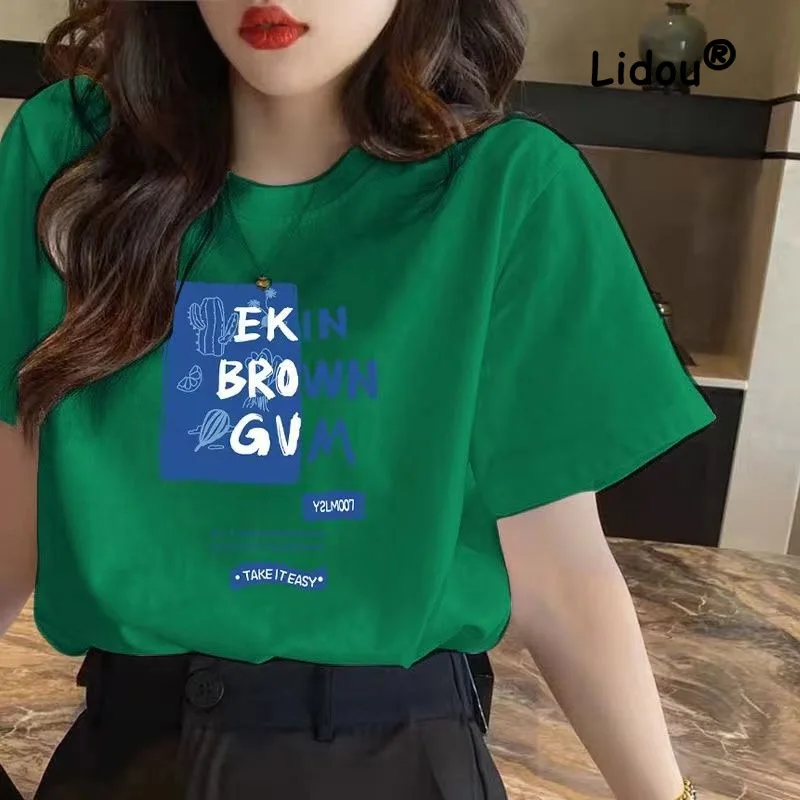 

Summer Loose Printing Letter T-shirt Women Short Sleeve O-collar Inner Layering All-match Casual Korean Affordable Top 2023