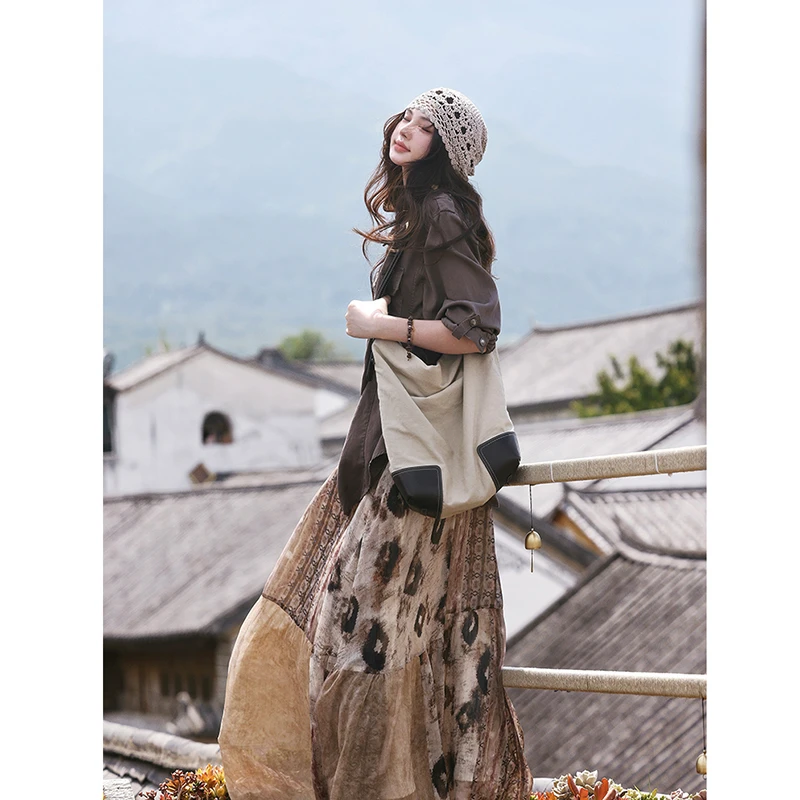 

2025 New Arrival Summer Women Loose Casual Vintage Print Patchwork Ankle-length Skirt Arts Style Good Quality A-line Skirts T267