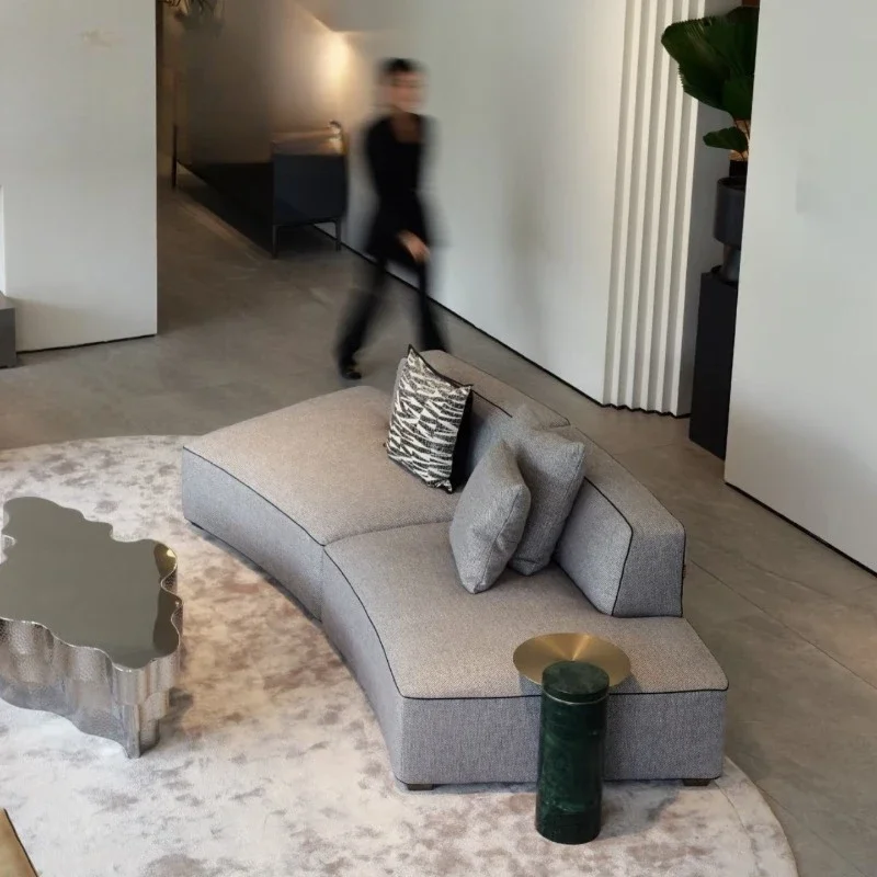 

Retro design old money style eclectic small apartment curved moon half curved living room fabric sofa