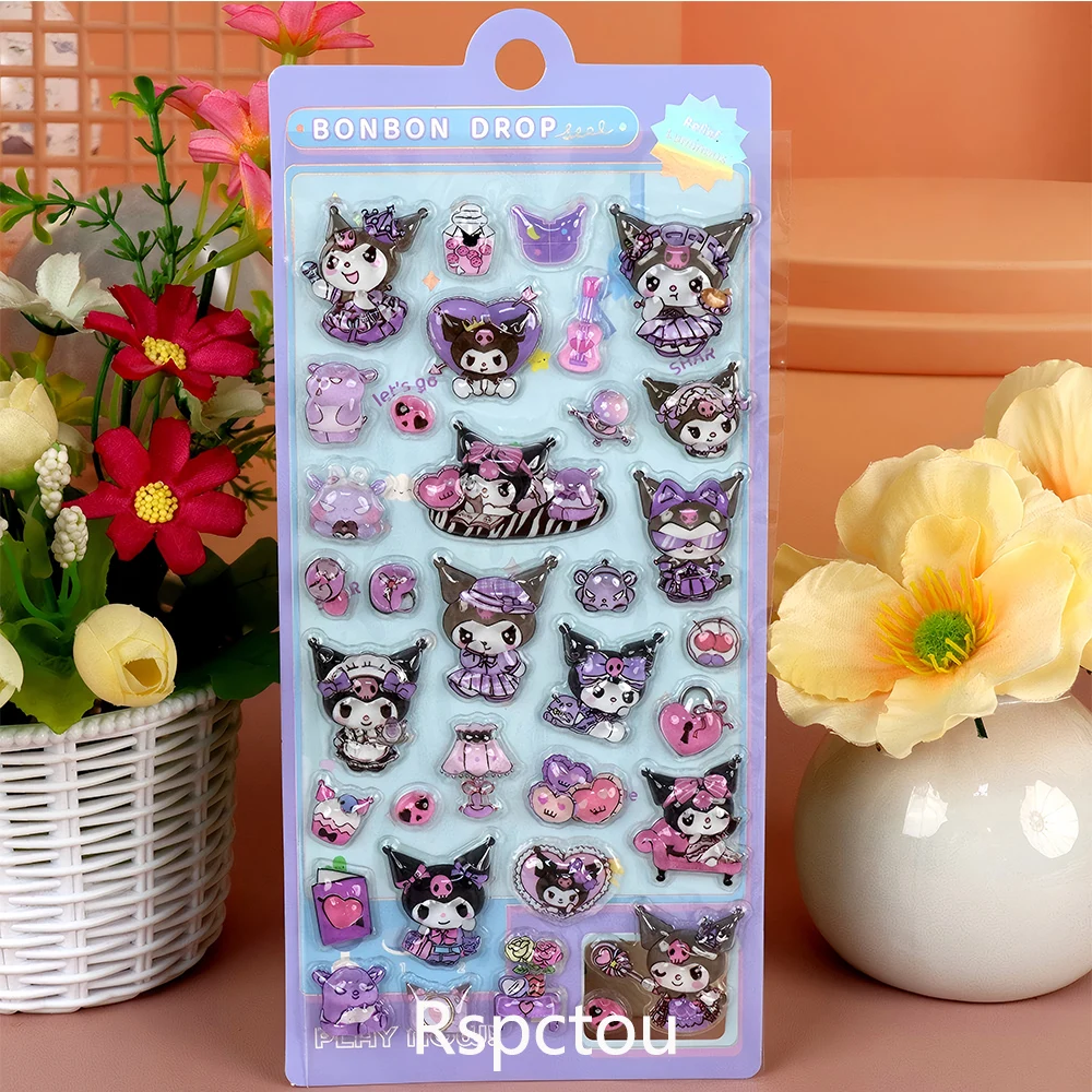 4 pçs cinnamoroll kuromi melodia 3d alívio adesivos kawaii sanrio decalques de cristal bonito dos desenhos animados decoração bolha adesivo presentes