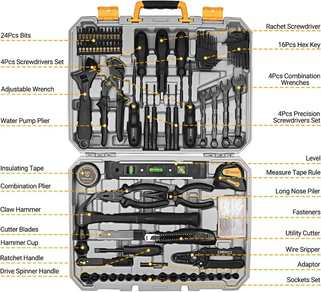 Tool Kit Set Box for Home: Household with Drill Wrench Socket Basic Hand Tools Sets for Men Car Repair Mechanic