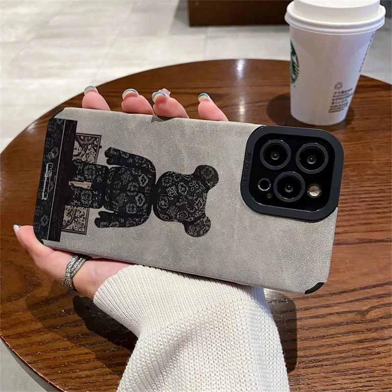 Luxury Black Bear@brick Suede Soft leather Case protection For iPhone 16 Pro 15 14 13 12 11 14 Pro Max XS XR Anti-fur Protect