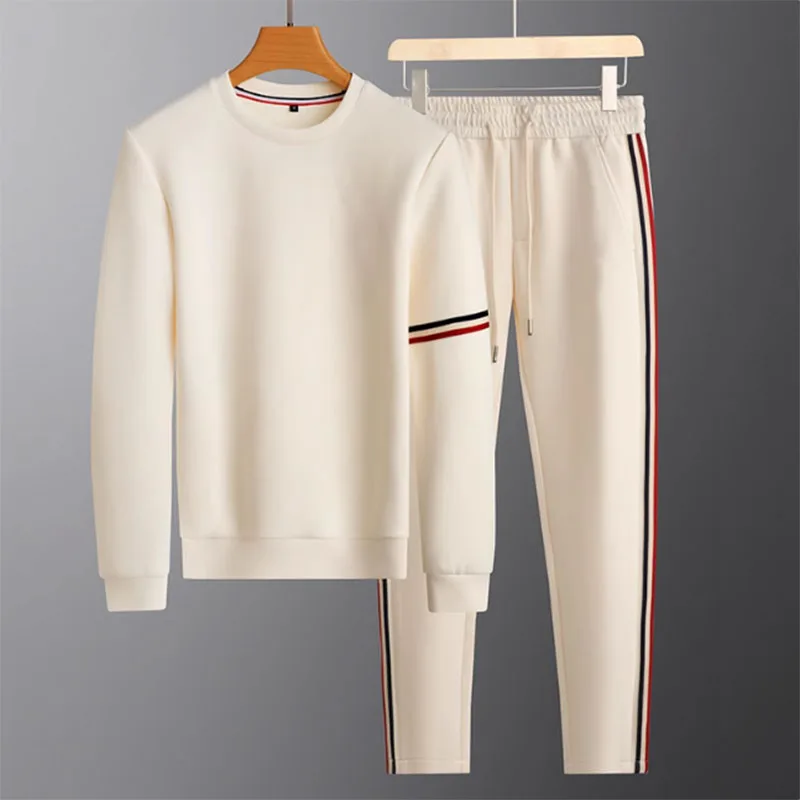 Red, white and black yarn-dyed belt splicing casual sports suit men's pullover autumn and winter men's hoodie pants