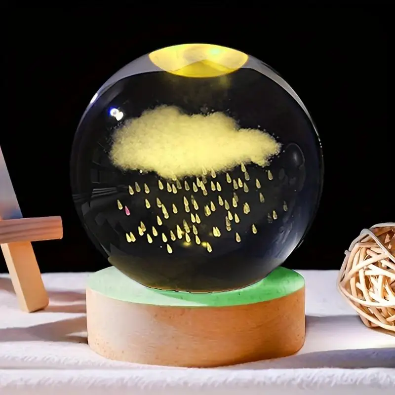 

3D Laser-Engraved Rain Cloud Crystal Ball with Wooden Base for Bedroom, Living Room, Office Decor Gift for Birthdays Christmas