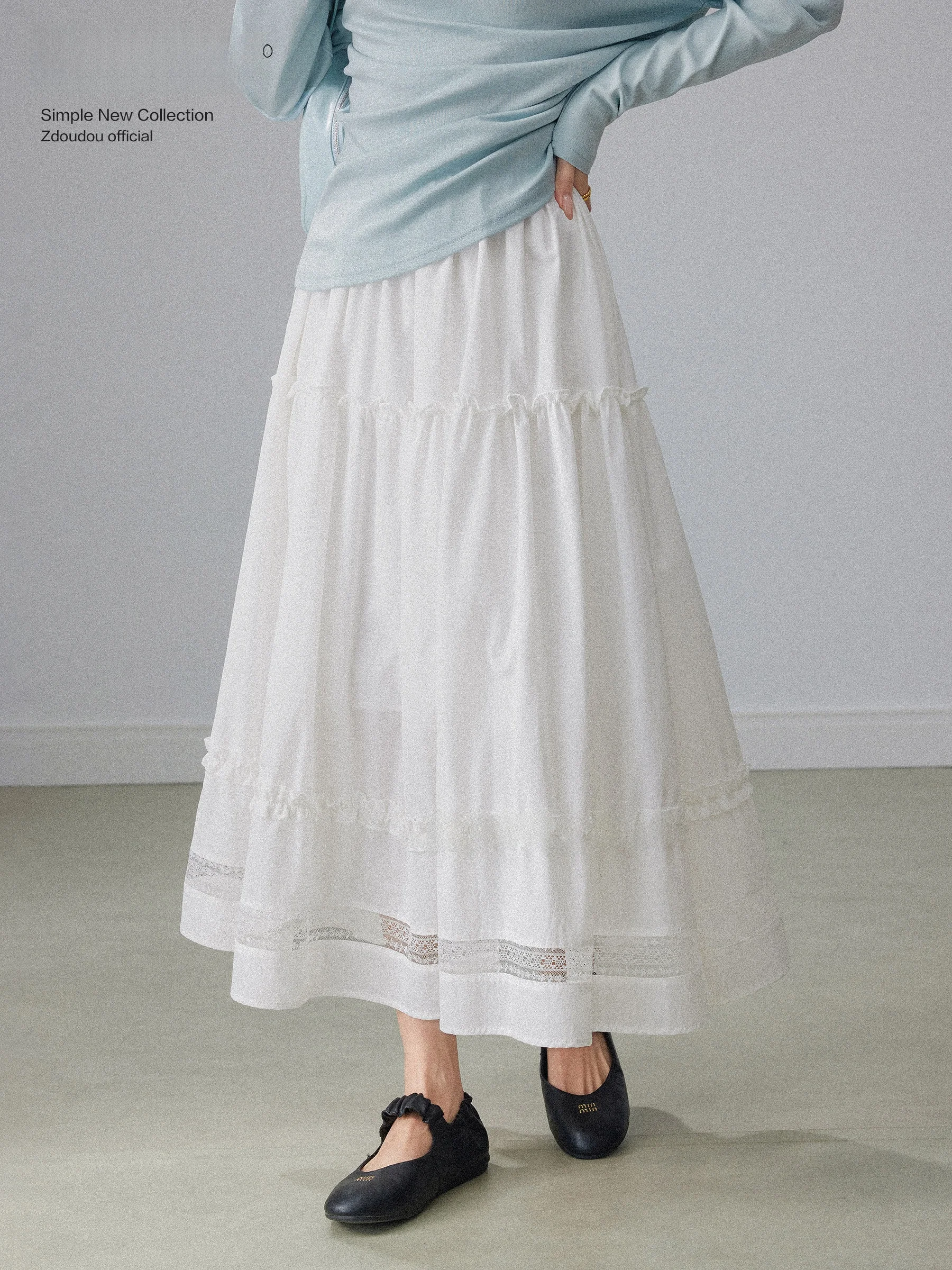 

White Lace Splice A-Line Midi Skirt Women's High Waist Loose Fit Umbrella Skirt Spring Season Elegant Feminine Fashionable