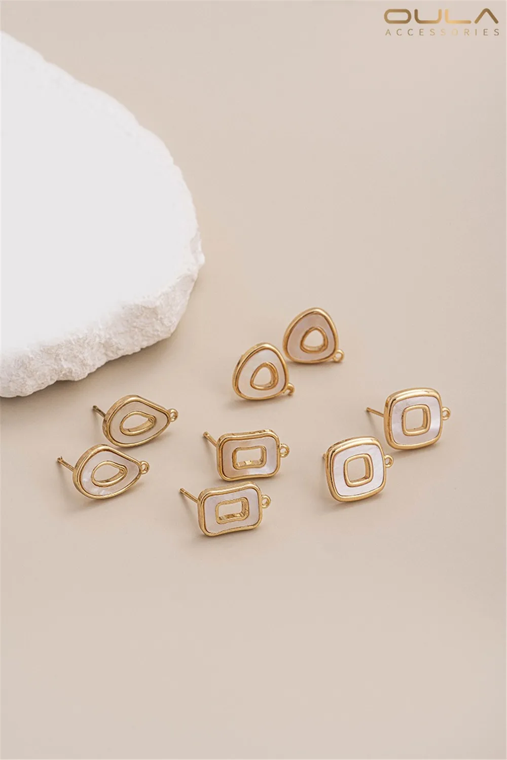 مجموعة أقراط DIY مع قلادة، 925 إبر فضية، أم اللؤلؤ، مطلية بالذهب، مجوفة، أشكال هندسية، طبيعية، 14 قيراط