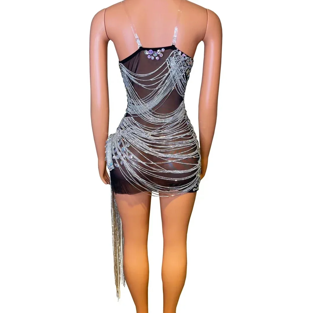 Laser Diamant Fransen Kleid sexy Spaghetti träger Geburtstags feier Kleid Robe de Soiree Sommernacht aus Club Kostüm