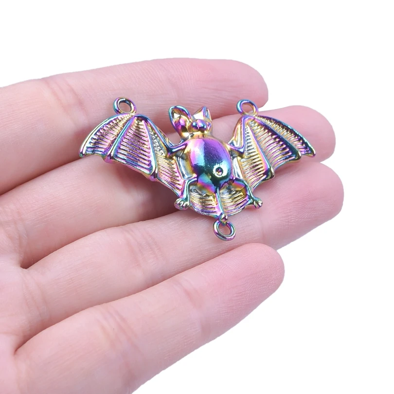 5pcs/Lot Rainbow Color Bat Suckle Vampire Fangs Wings Animal Pendant Metal Connector Charms For Keychain Making Supplies DIY