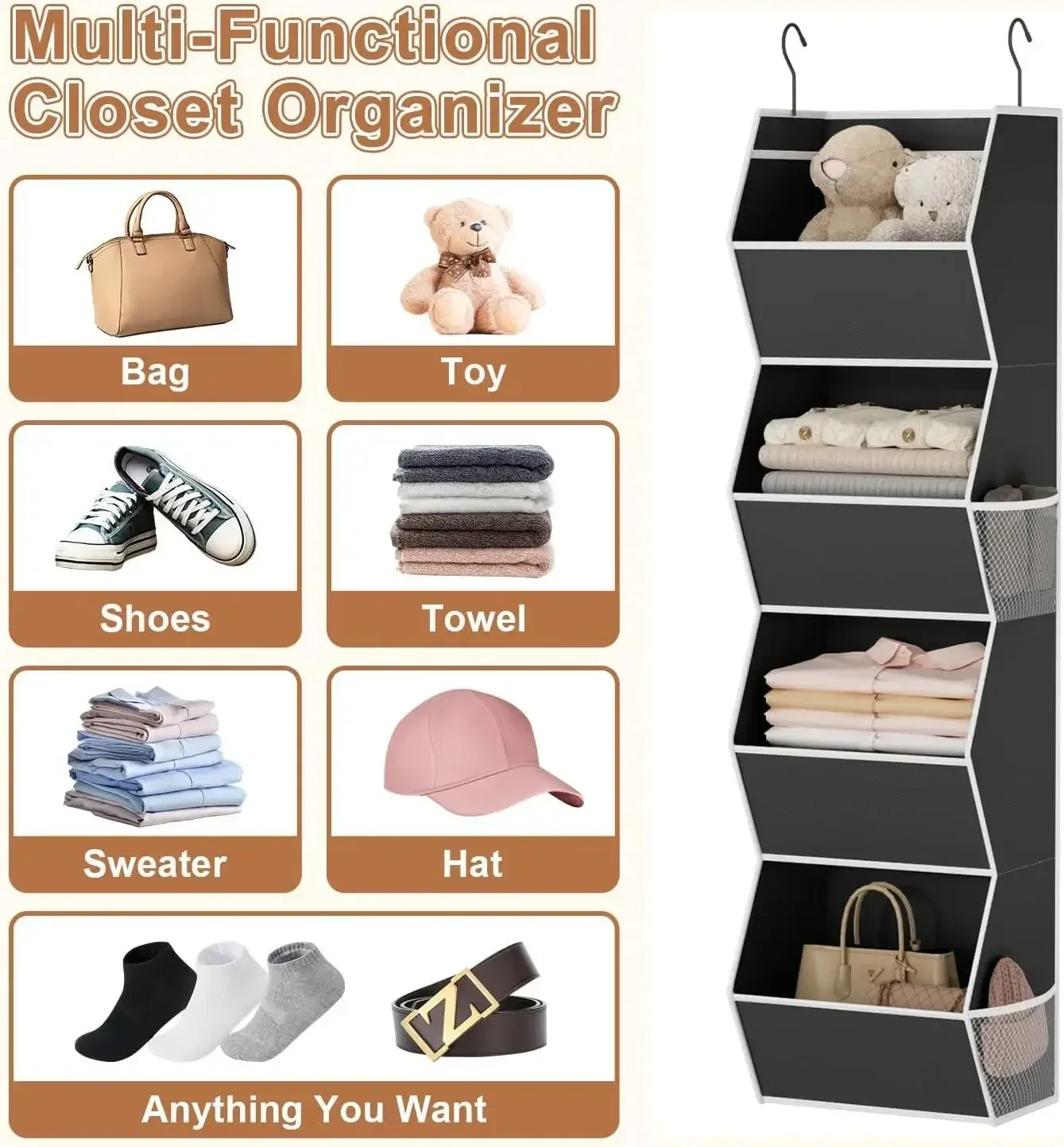 4 Tier Closet Hanging Organizer Non Woven Fabric Wardrobe Storage Bag Large Capacity Foldable Clothes Organizer with Side Pocket