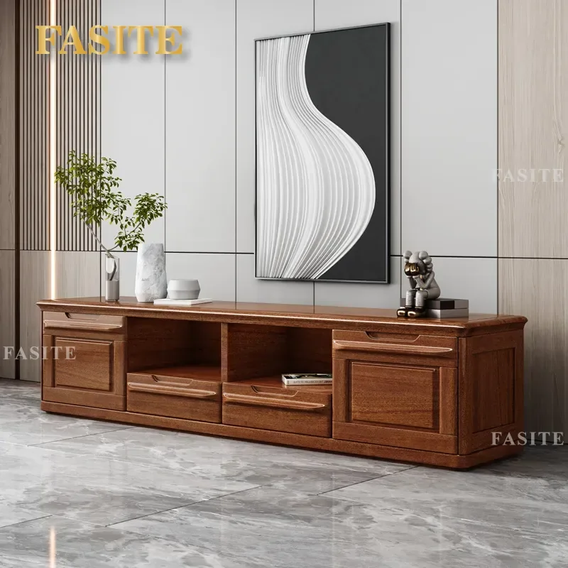 For 1.8m Golden Silk Walnut Solid Wood TV Cabinet Modern Fixed Media Console with Drawers and Locker Storage for Living Room