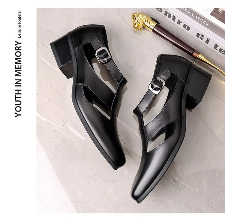 Mens Genuine Leather High Heel Dress Sandals Daily Business Office Work Sandals Trendy Hollow Pointed Toe Buckle Sandals