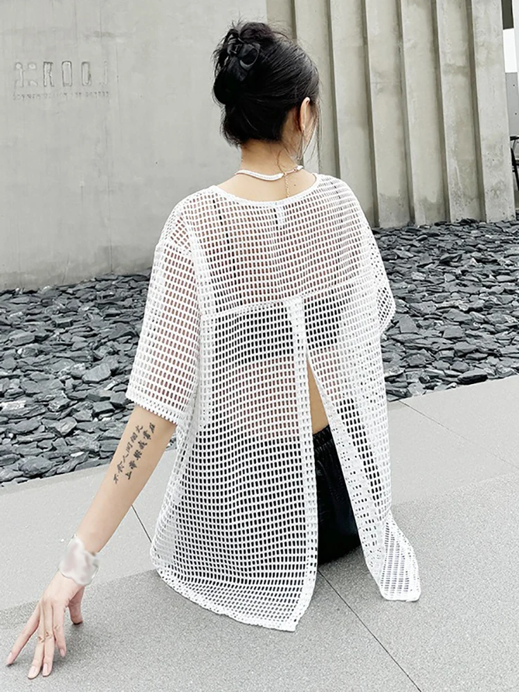 XITAO Hollow Out Mesh Patchwork Pullover T-shirts Solid Color O-neck Short Sleeve Loose Fashion Tops Summer All Match HQQ2305