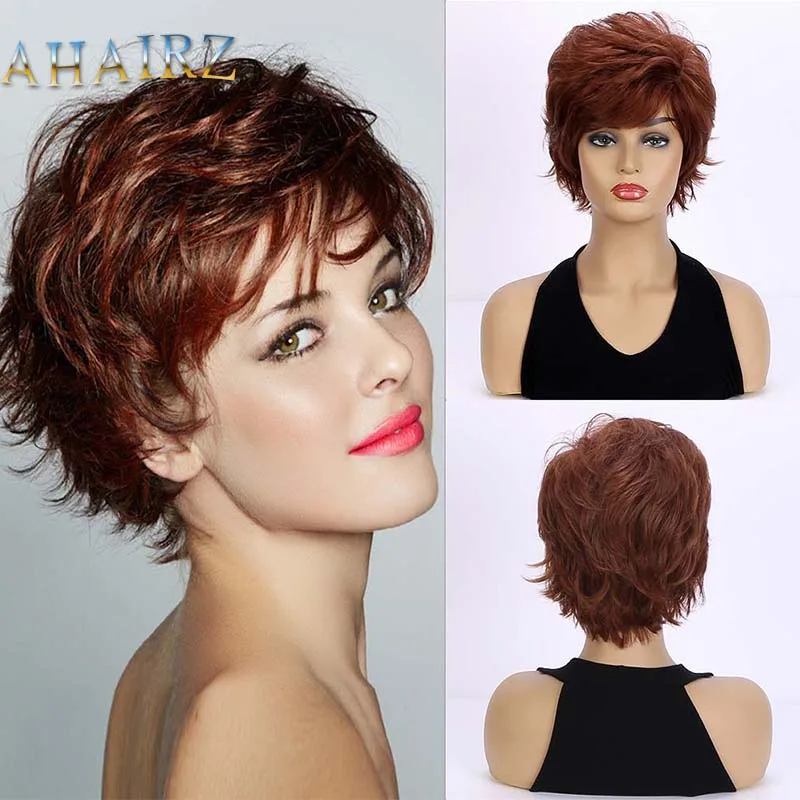 

Short Wigs with Bangs Soft Hair Daily Use Short Brown Ombre Curly Synthetic Hair Costume Party Wig for Women