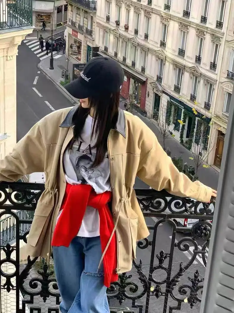 Koreańska kurtka wiatrówka damska Sle Color Blo na wiosnę i jesień, sztruksowa, z kołnierzem irt, z dużym krojem, efekt wyszczuplający.