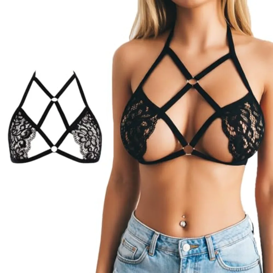 

1 Pack Women Lingerie Cage Bra Sexy Black Lace Cut Hollow Out Sheer Elastic Strappy Harness Cami Bra