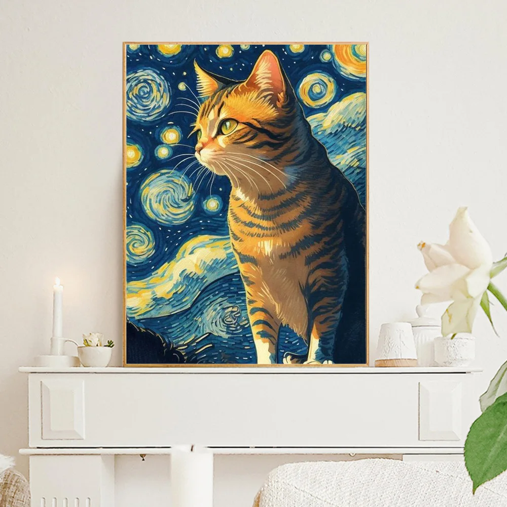 Van Gogh Starry Night Cat Diamond Painting Kits Cartoon Animal Art Rhinestone Cross Stitch Mosaic Wall Sticker Home Decor Gift