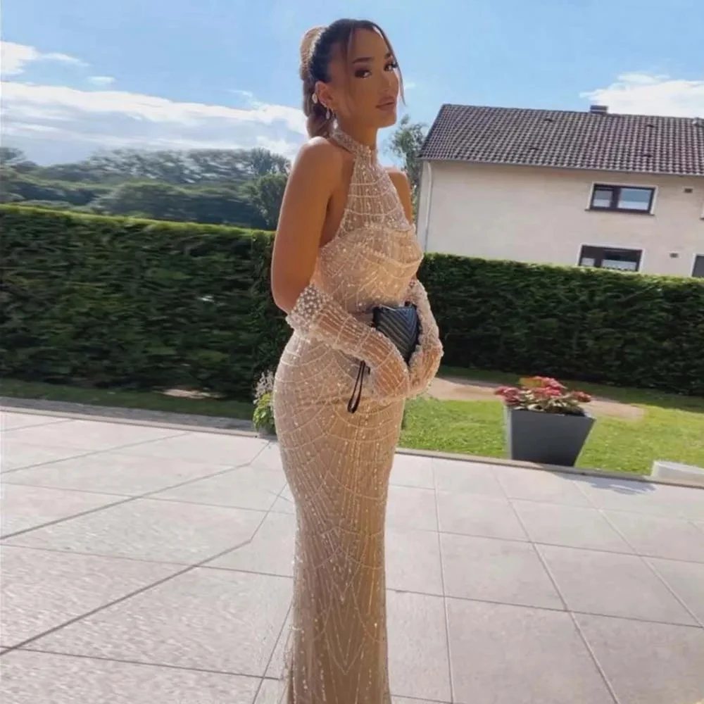 Halter Luxury Arabic Evening Dress 2024 For Women Mermaid Pearls With Gloves Elegant Formal Prom Occasion Wedding Party Gowns