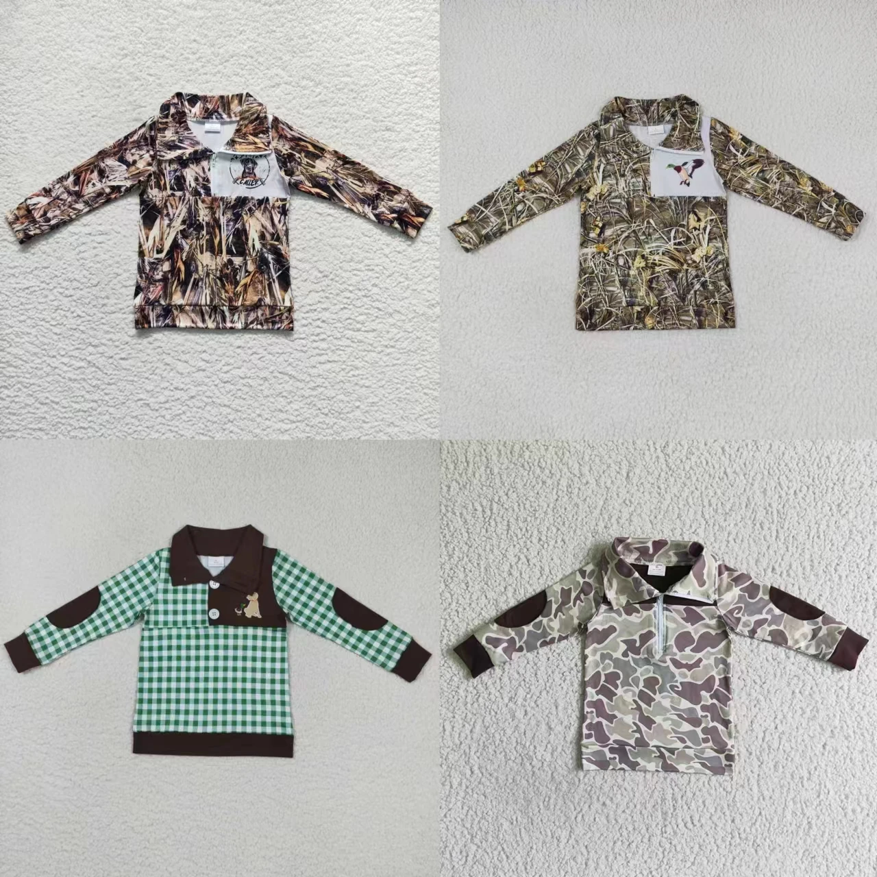 

Wholesale Toddler Kids Camo Pullover Clothing Long Sleeves Shirt Tee Baby Boy Hunting Tee Lapel Zipper Children Ducks Dogs Tops