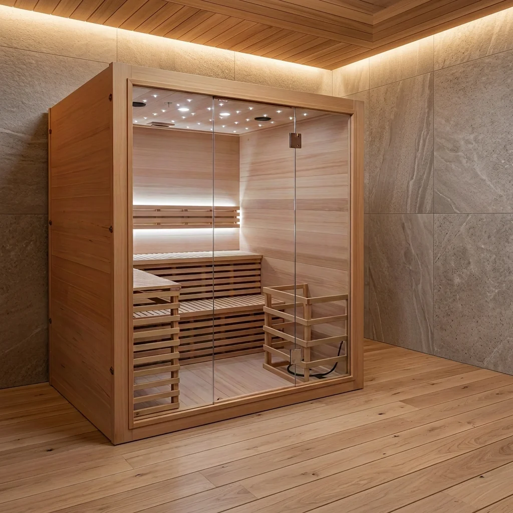 Villa Wellness Spa - ห้องซาวน่าแบบดั้งเดิมสไตล์ฟินแลนด์สำหรับ 4 ท่าน ภายในอาคาร ทำจากไม้เนื้อแข็ง ห้องซาวน่าแห้งและไอน้ำ