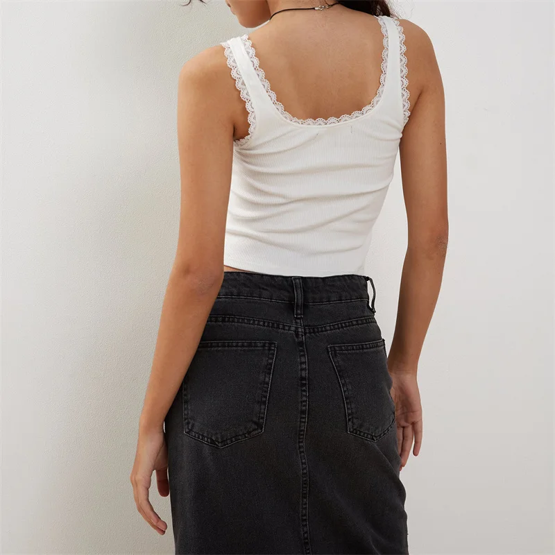 Lamuusaa Lace Trim Top Coquette Clothes Women Sexy Square Collar Sleeveless Knitted Crop Vest with Bow y2k Aesthetic Clothing