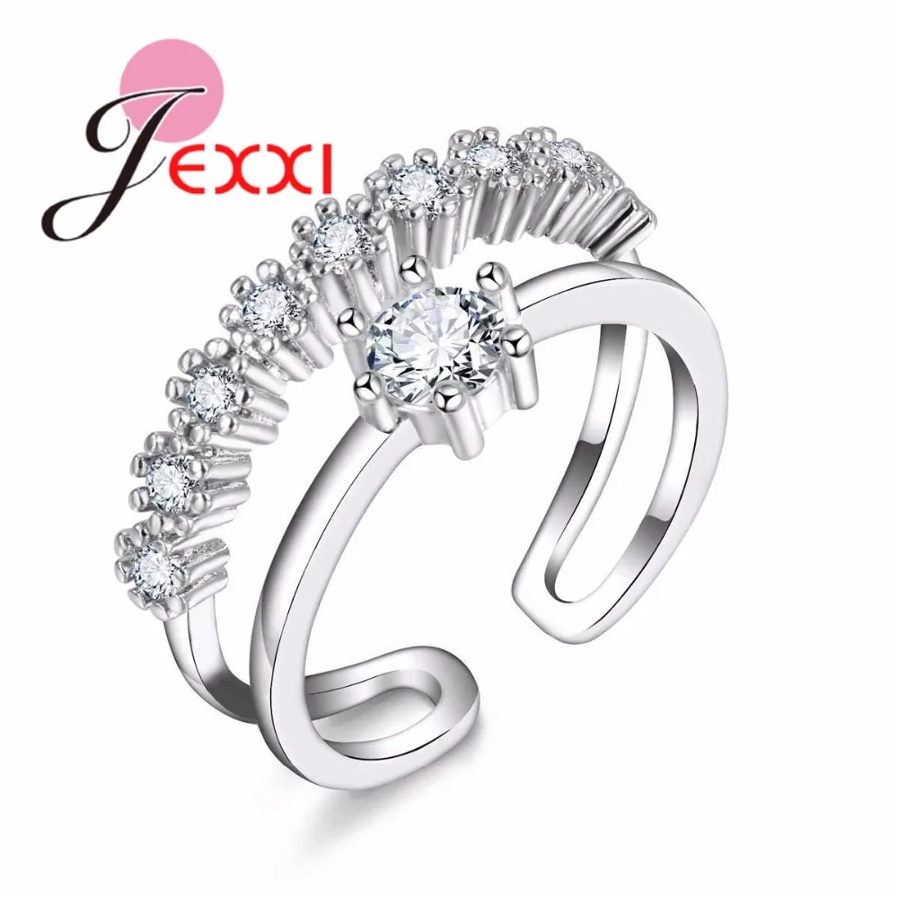 Shiny 925 Sterling Silver Double Layer 6 Claws Crystal Zircon Open Rings For Women Girls Anniversary Party Fashion Jewelry Gifts