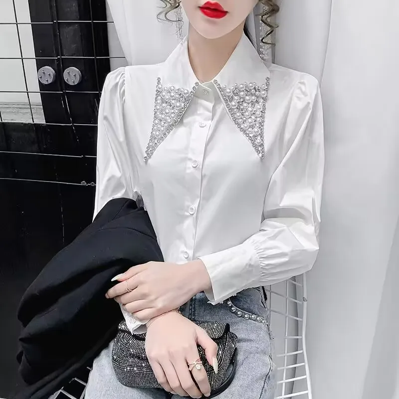 New Spring Summer Women Clothing Beading Doll Collar Shirt 2024 Vintage Blouse Women Longsleeve Dress Shirt Size Woman Overshirt