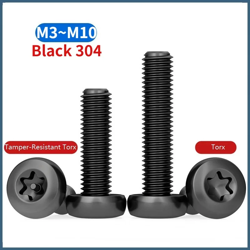 M3 M4 M5 M6 M8 M10 Black 304 Stainless Steel Six-Lobe Torx Pan Round Head Screws / with Pin Tamper Proof Security Bolt