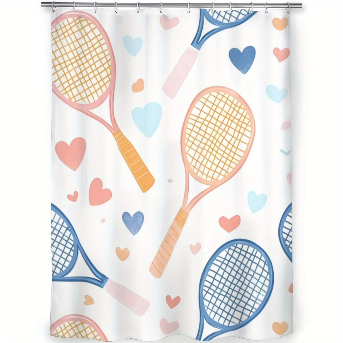 Tennis Racket & Hearts Shower Curtain Pastel Pink Blue Watercolor Style Polyester Bathroom Decor