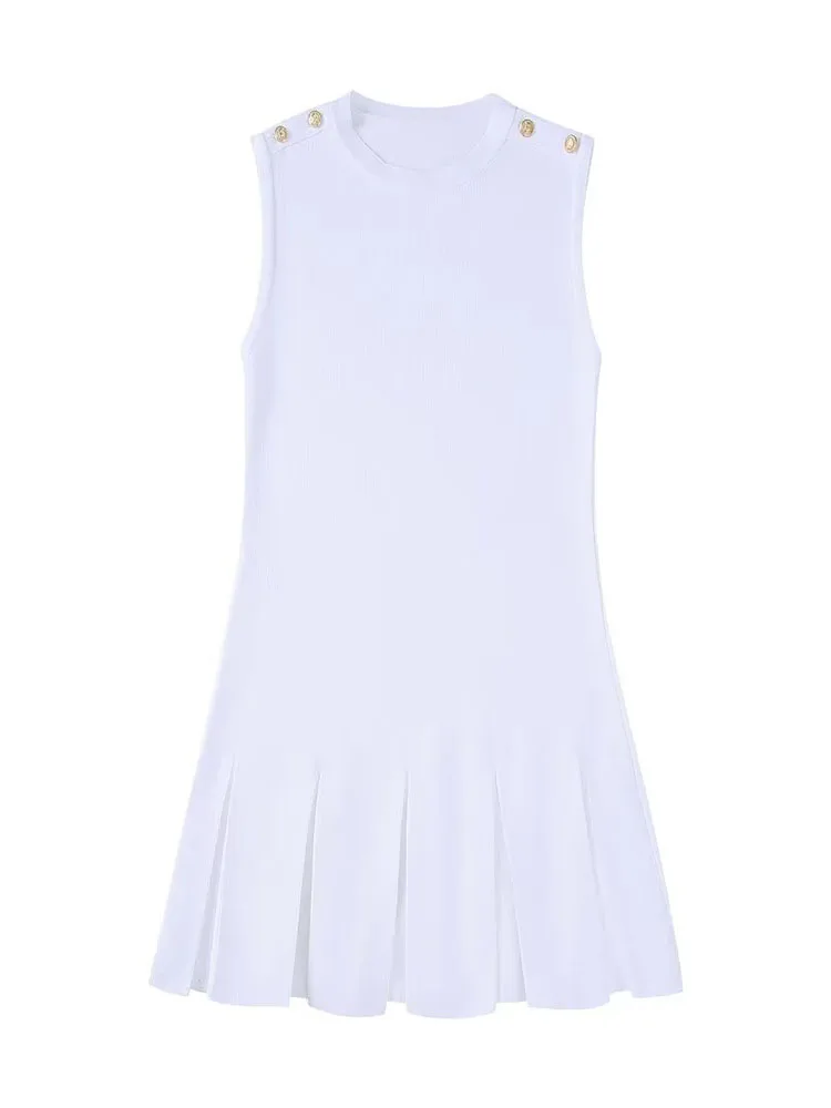 

Women New Fashion Gold breasted decoration Knitted Slim Pleated Mini Dress Vintage Sleeveless Female Dresses robe Mujer 3859/055