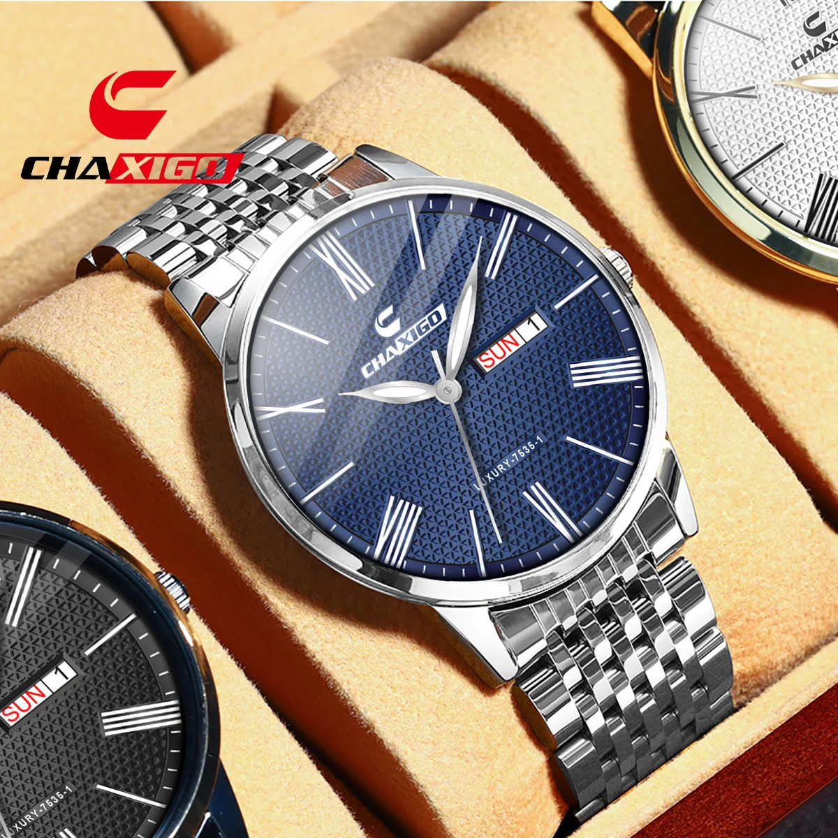 

CHAXIGO Men's Business Stainless Steel 3ATM Water Resistant Watch with Dual Date Display and Luminous Hands