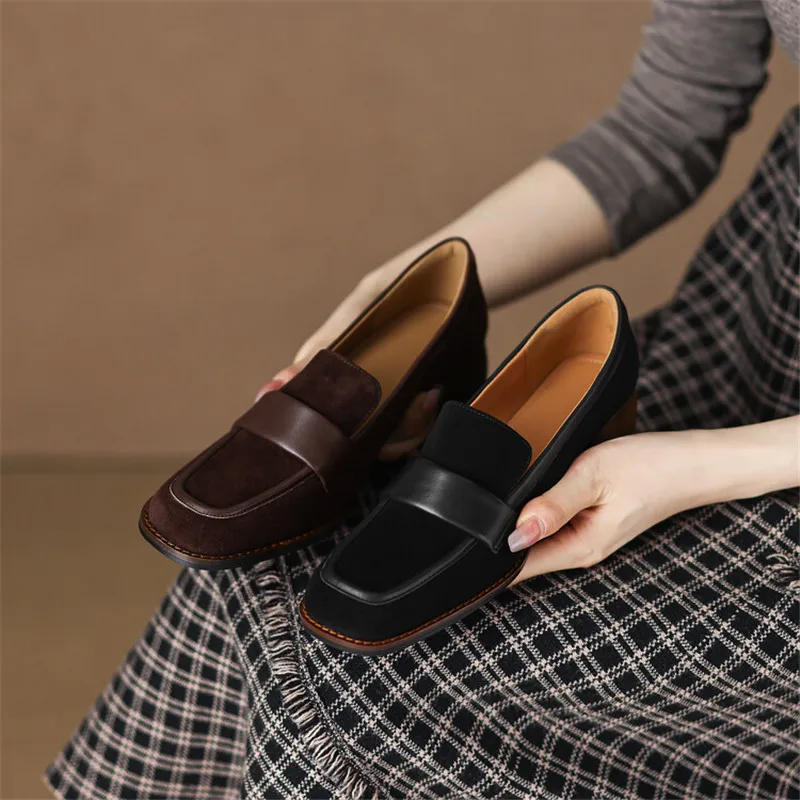 Spring Autumn New Women Pumps Sheep Suede Simple Loafers Casual Square Toe Shoes Woman Chunky Heel Shoes for Women Slip-On Shoes